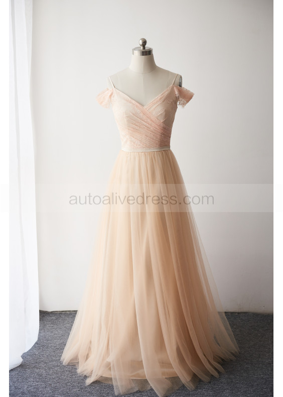 Off Shoulder Champagne Pleated Lace Tulle Prom Dress
